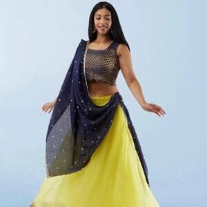 Lemon Yellow Organza Lehenga with Silk Choli | Muvvas Boutique